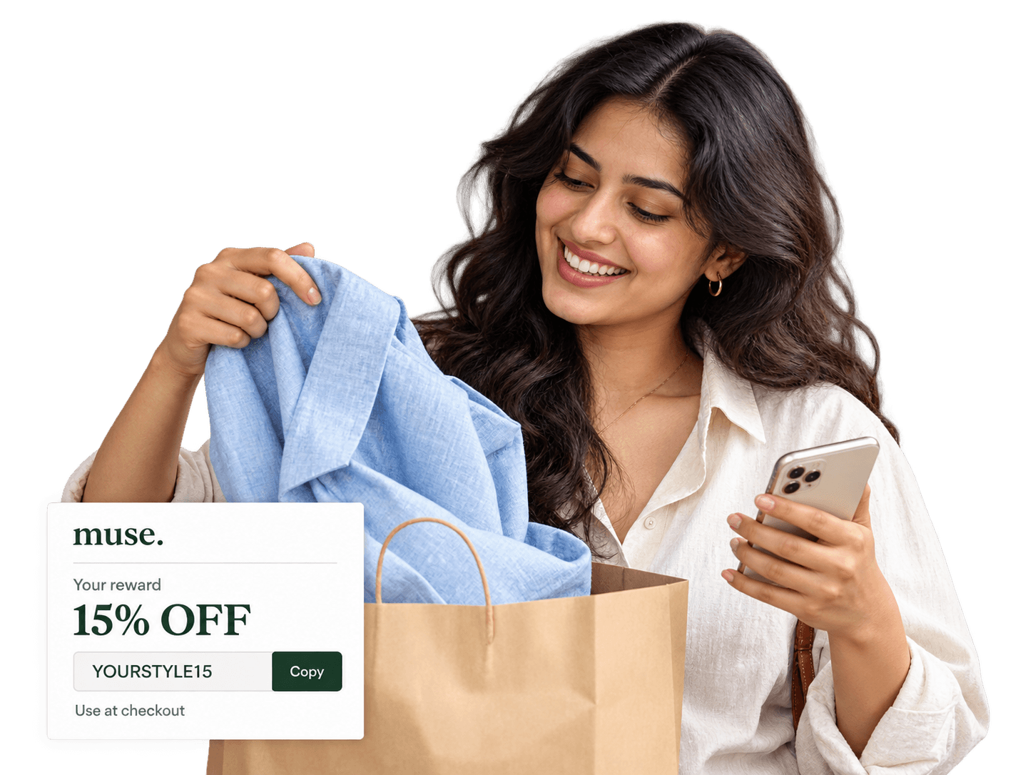 A shopper discovering a new outfit, with a MUSE 15 percent off reward and coupon code