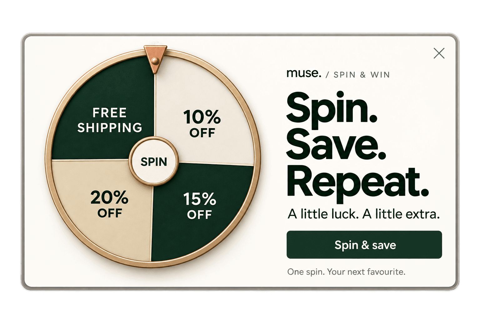 MUSE wheel of fortune popup with discount prizes and a Spin and save call to action