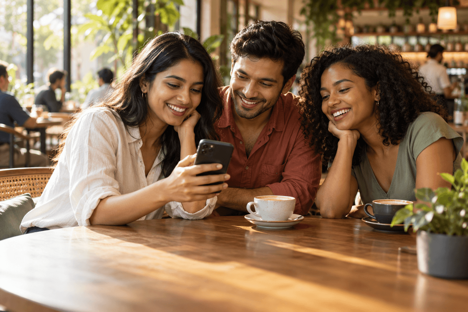 Three friends sharing a happy moment on a phone over coffee