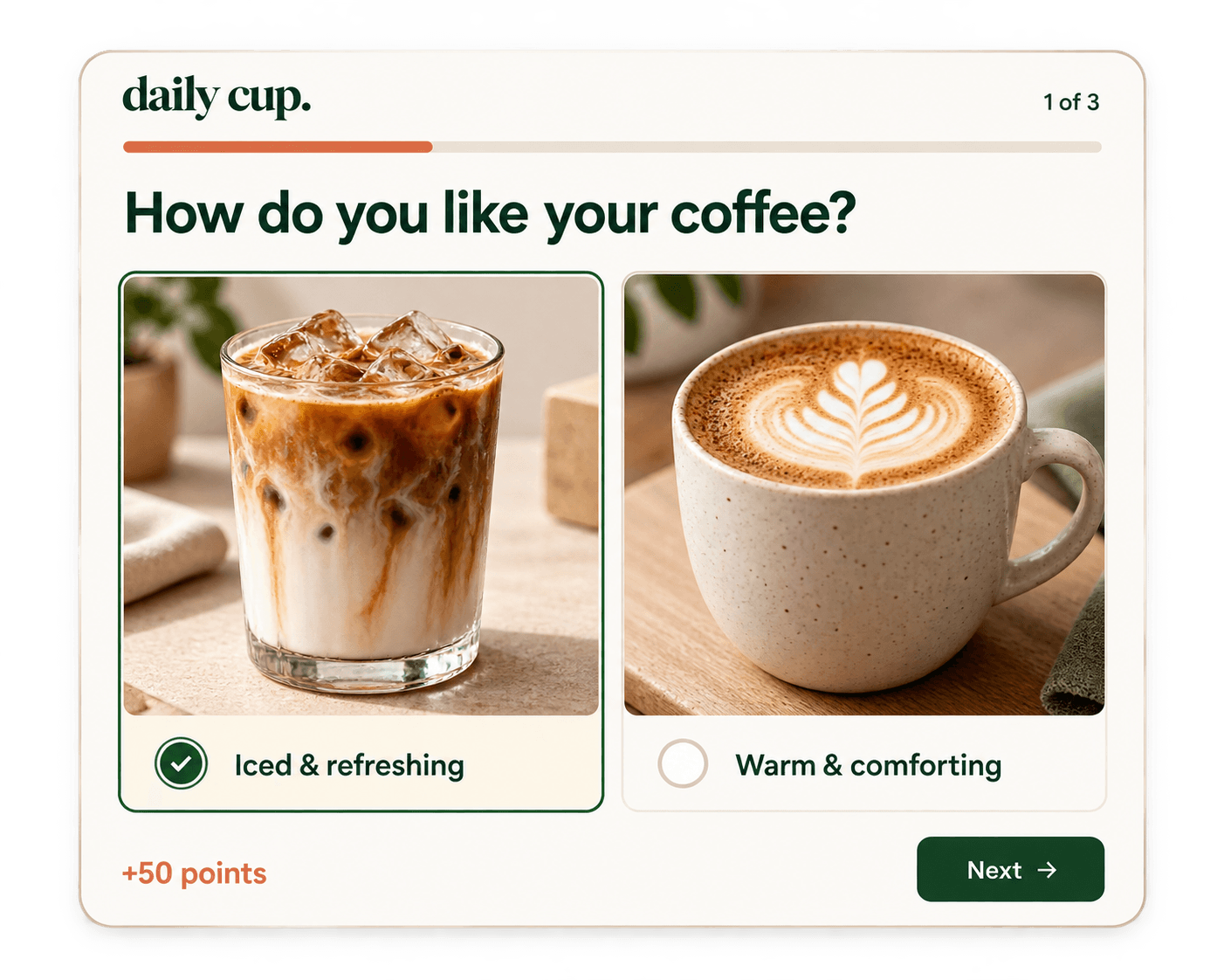 Daily Cup quiz design with iced latte and cappuccino photographs, labeled answer choices, 50 points, and a Next button