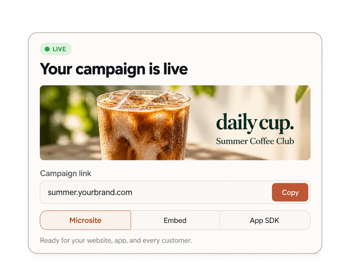 Publish and share component showing the live Summer Coffee Club campaign, campaign link, and Microsite, Embed and App SDK options